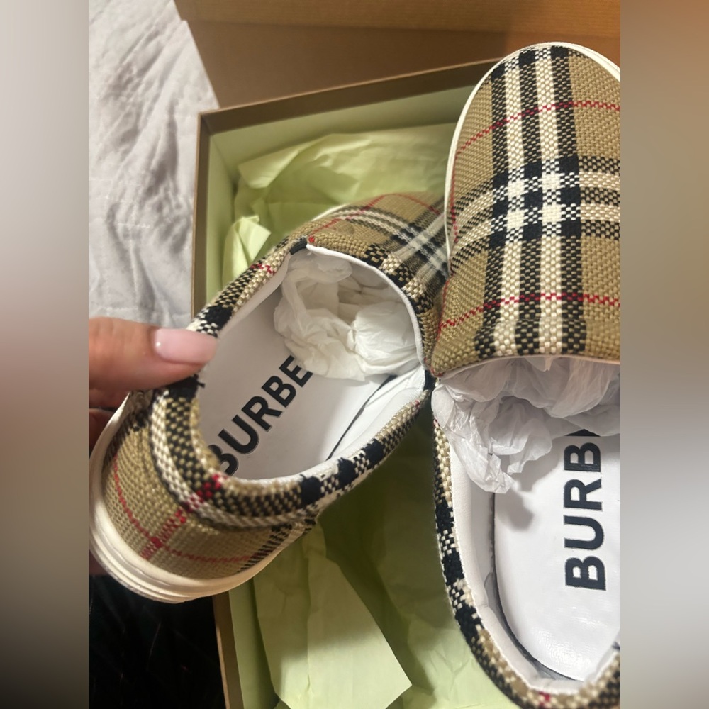 Burberry Beige and Black Check Slip-On Loafers - Picture 4 of 10